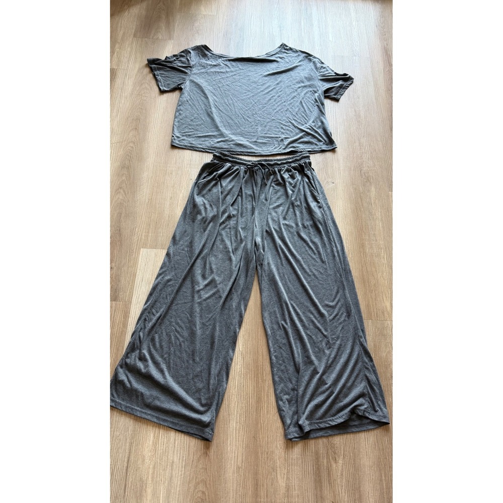 Charcoal Gray Lounge Set Wide Leg Pants and Cropped Short Sleeve Top 1XL